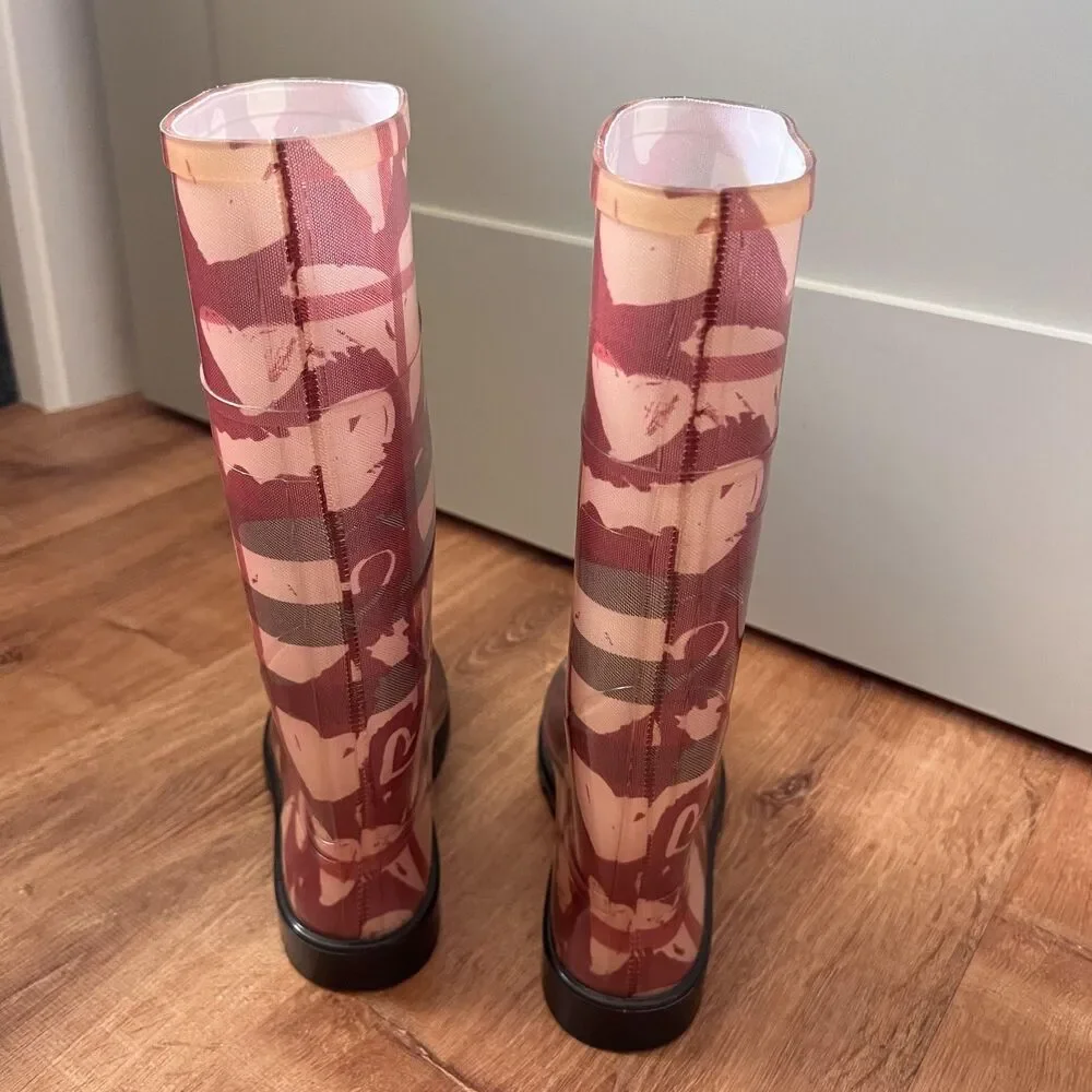 Burberry Rain Boots Women Sz 37 Hearts Pink Italy Waterproof Knee‎ High Shoes